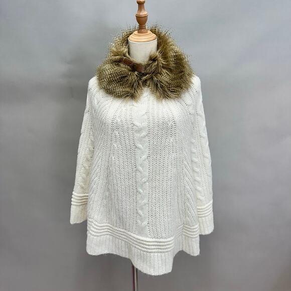 Cache vintage 90s ivory cableknit poncho with faux fur collar Size XS/S - Picture 1 of 16